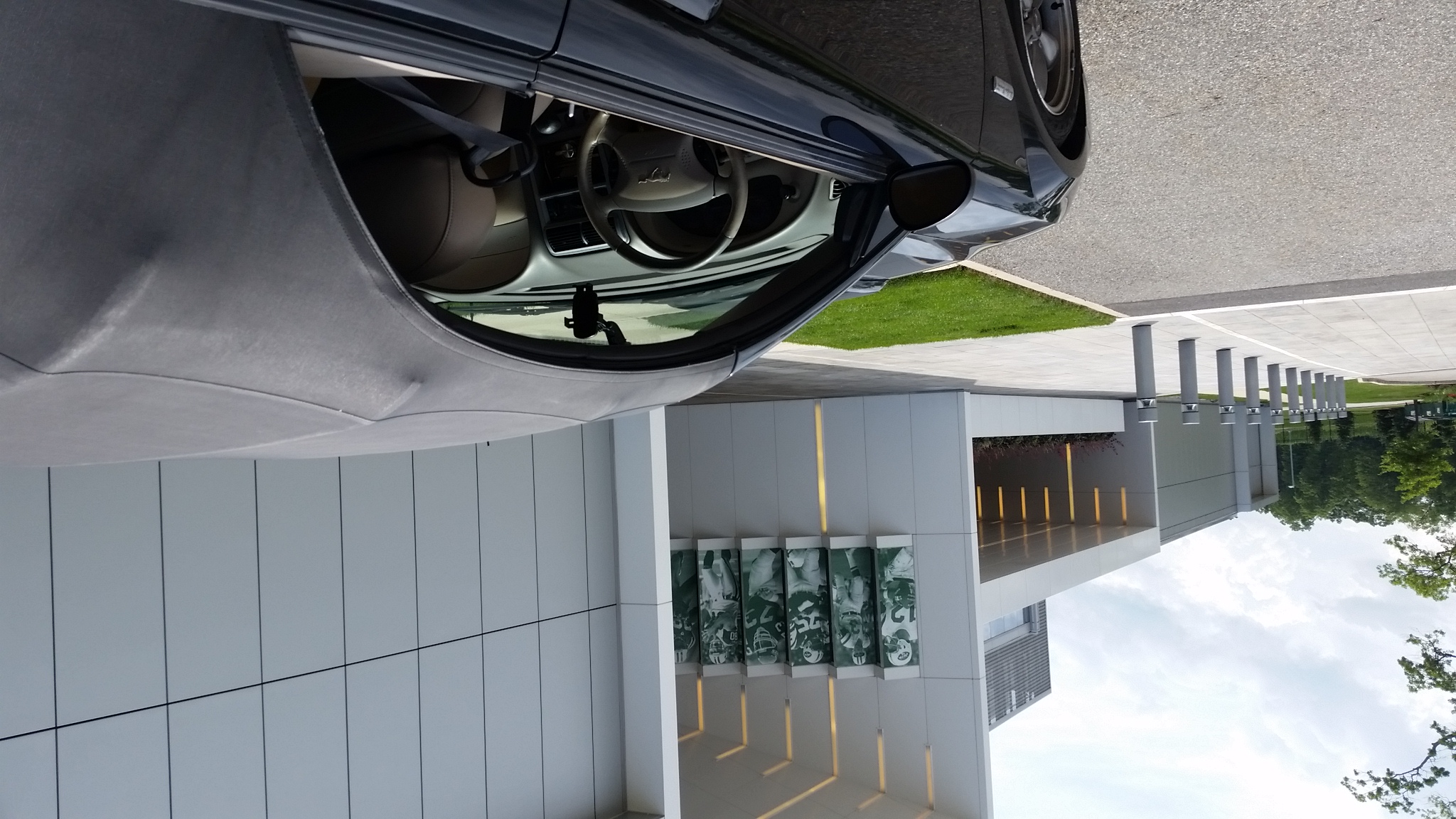 Justin's black Mustang parked outside the New York Jets training facility at 1 Jets Drive, Florham Park, NJ.