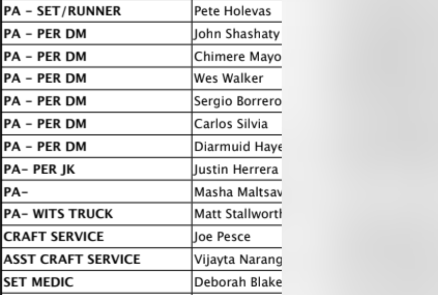 A production call sheet showing 'PA - PER JK' next to Justin Herrera's name — assigned as Joseph Kahn's personal assistant.